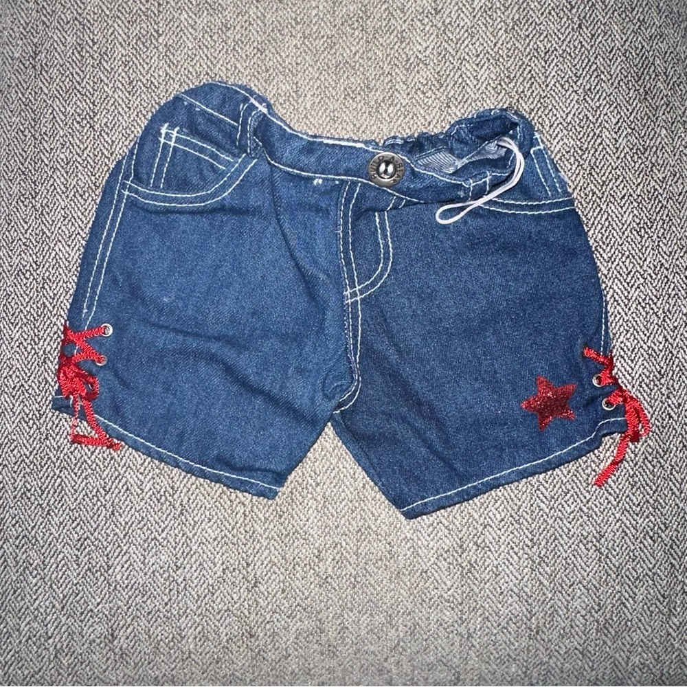Build A Bear Workshop Blue Denim Jeans Pants with Red Side Bows & Star RARE HTF